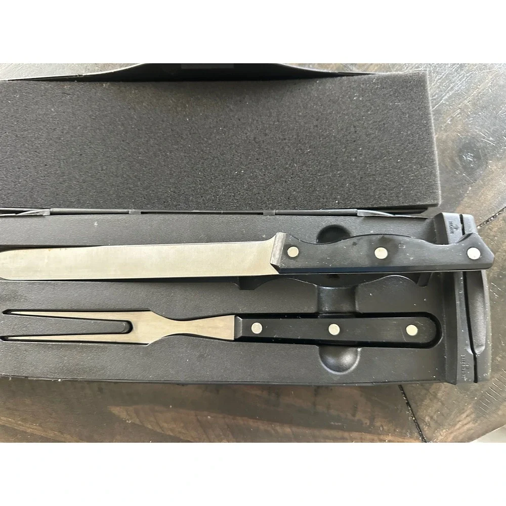 Pampered Chef 2 Piece Carving Set Stainless Steel Knife Fork Built‎ In Sharpener